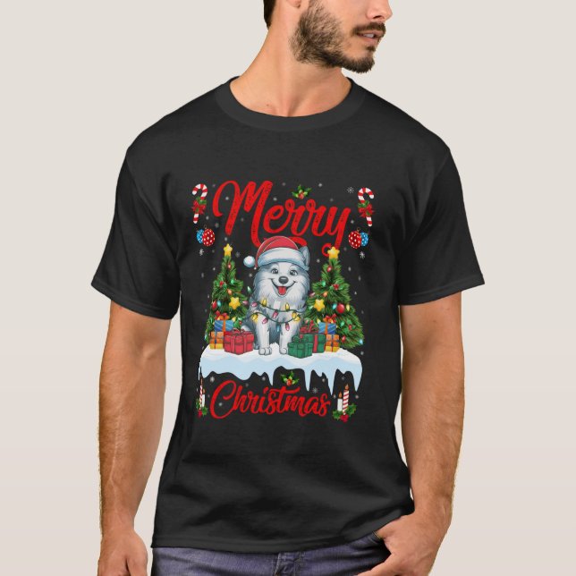 Camiseta Xmas Tree Lighting Santa Hat American Eskimo Cog C (Frente)