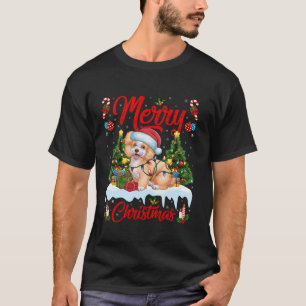 Camiseta Xmas Tree Lighting Santa Hat Bichon Frise Dog Chri