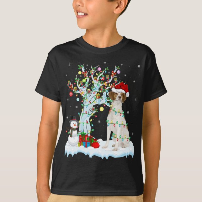 Camiseta Xmas Tree Lighting Santa Hat - Brittany Spaniel Do (Frente)