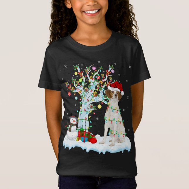 Camiseta Xmas Tree Lighting Santa Hat - Brittany Spaniel Do (Frente)