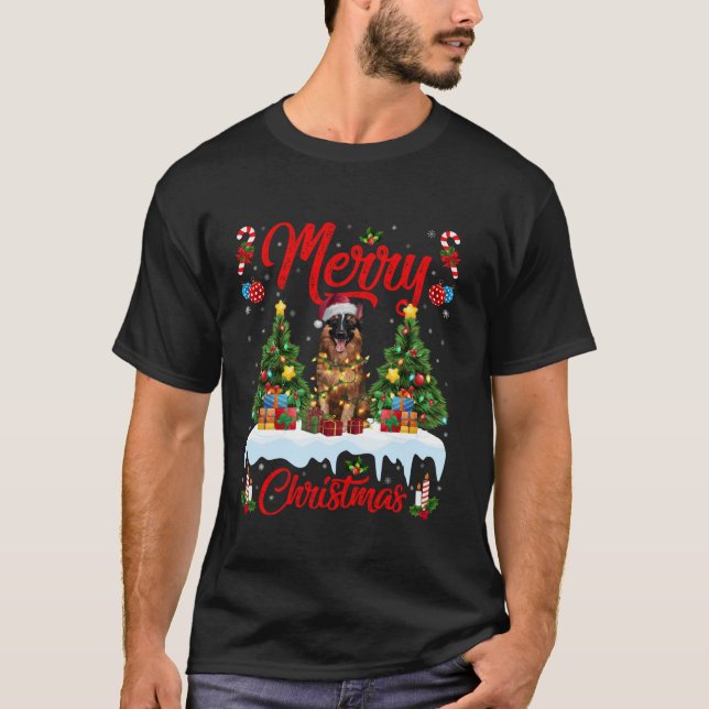 Camiseta Xmas Tree Lighting Santa Hat Cão Belga (Frente)