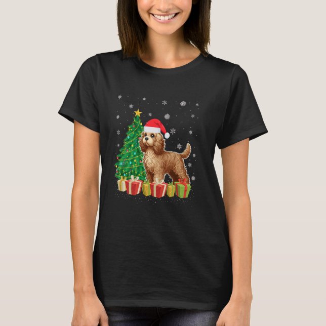 Camiseta Xmas Tree Lighting Santa Hat Cockapoo Dog Christma (Frente)