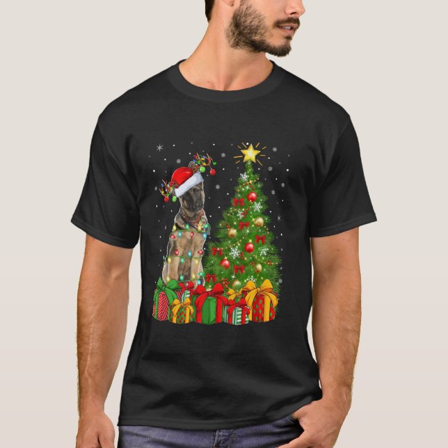 Camiseta Xmas Tree Lighting Santa Hat German shepherd Cacho (Frente)