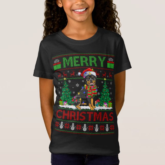 Camiseta Xmas Tree Lights Feia Papais noeis Rottweiler Cach (Frente)