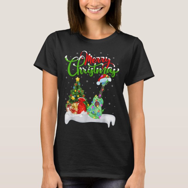 Camiseta Xmas Tree Lights Santa Hat Musical Ukulele Guitar  (Frente)