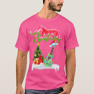 Camiseta Xmas Tree Lights Santa Hat Musical Ukulele Guitar