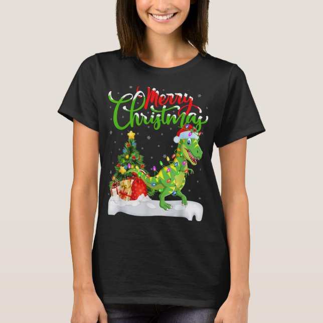 Camiseta Xmas Tree Lights Santa Hat T Rex Dinosaur Christma (Frente)