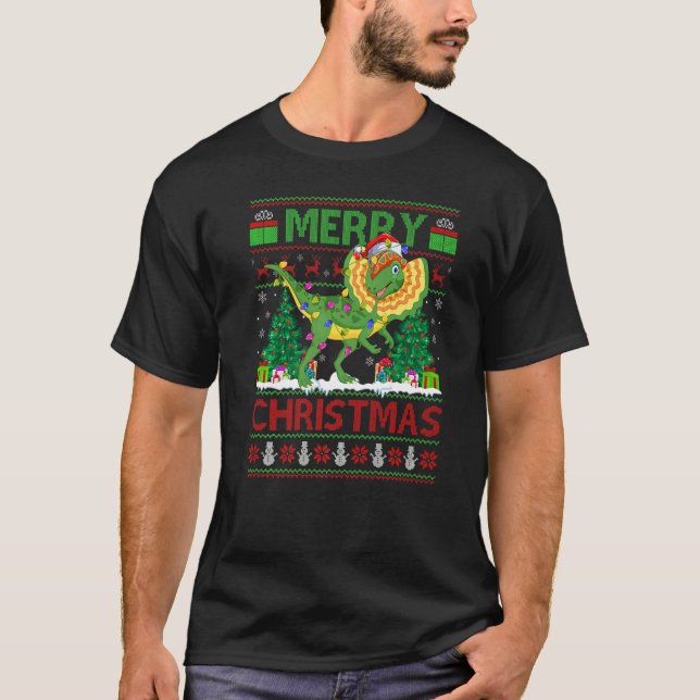 Camiseta Xmas Tree Lights Ugly Santa Dilophosaurus Dinosaur (Frente)
