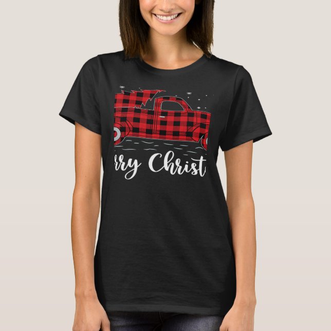 Camiseta Xmas Tree Red Buffalo Plaid Red Truck Merry Christ (Frente)