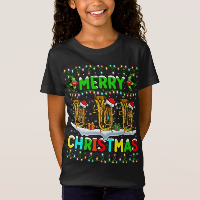 Camiseta Xmas Tuba Lighting Santa Hat Feliz Natal Tuba (Frente)