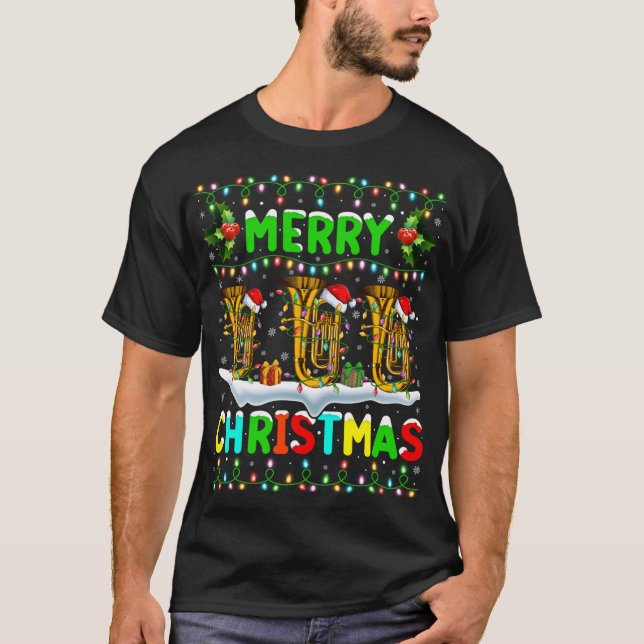 Camiseta Xmas Tuba Lighting Santa Hat Feliz Natal Tuba (Frente)