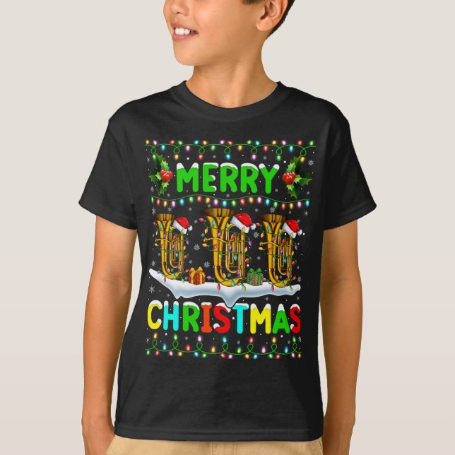 Camiseta Xmas Tuba Lighting Santa Hat Feliz Natal Tuba (Frente)
