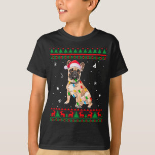 Camiseta Xmas Ugly Sweater Natal Luz Buldogue Francês