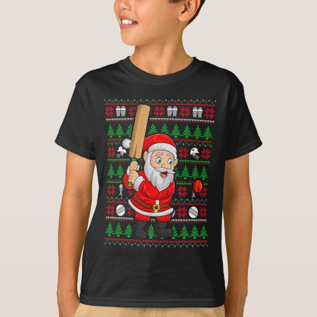 Camiseta Xmas Ugly Sweater Style Santa Playing Cricket Chri (Frente)
