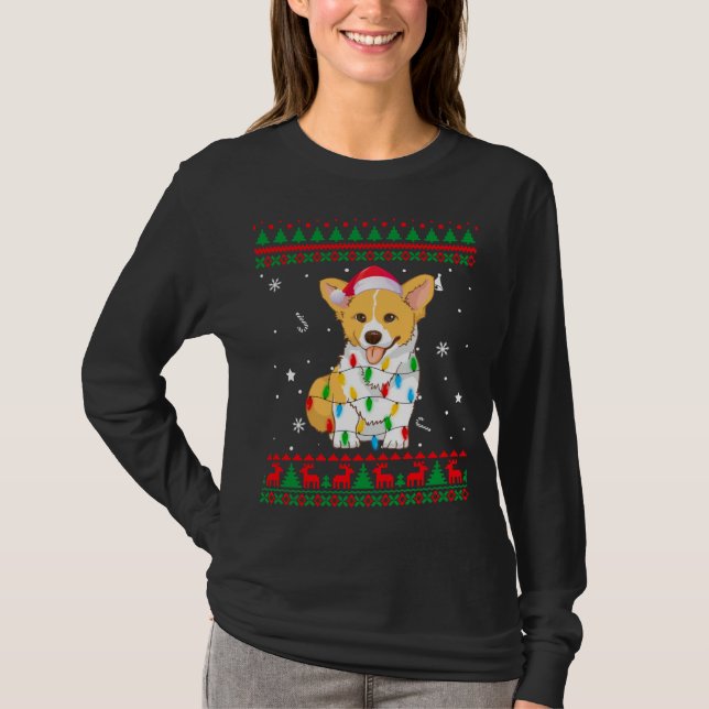 Camiseta Xmas Ugly Sweet Natal Lights Corgi Dog Lover (Frente)
