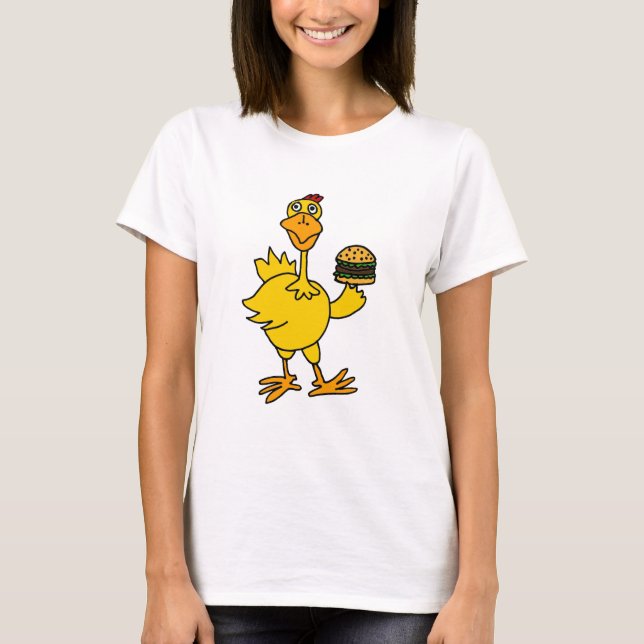 Camiseta XX- galinha engraçada que come um Hamburger (Frente)