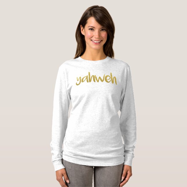 Camiseta YAHWEH: Letra Dourada Hebraica Nome De Deus T-Shir (Frente Completa)