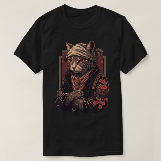 Camiseta Yakuza Cat Japonês Mafia Cat Tatuagem Flores (Frente do Design)