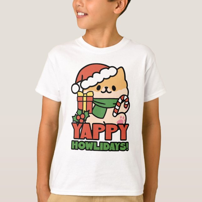 Camiseta Yappy Howlidays - Bela Cartoon de Cão de Natal (Frente)