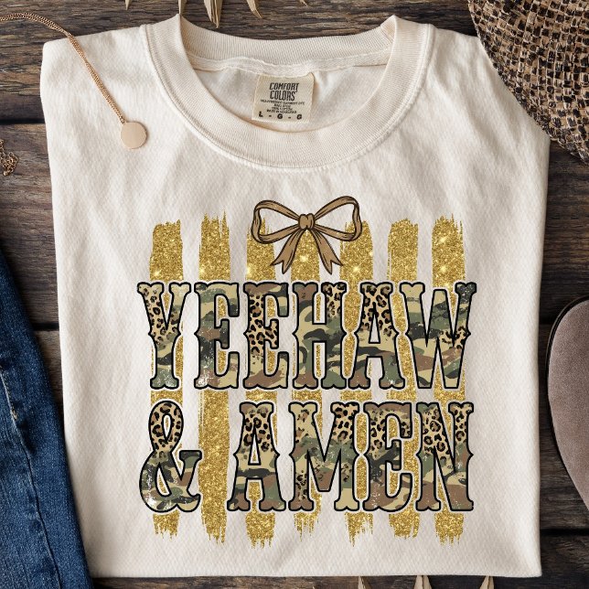 Camiseta Yeehaw Amém Vaqueira Cristã do Sudoeste (Yeehaw and Amen Gold Glitter Stripes Coquette Bow, Country Southern Christian Western Cowgirl T-shir)
