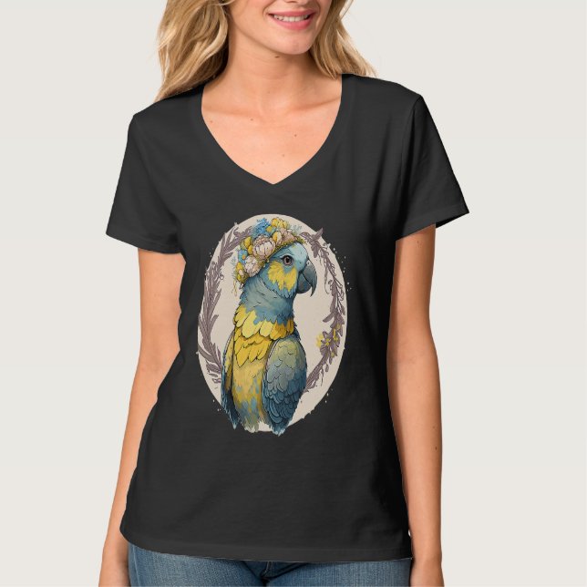 Camiseta Yellow Blue Ara Macaw Flower Crown Parrot Parakeet (Frente)