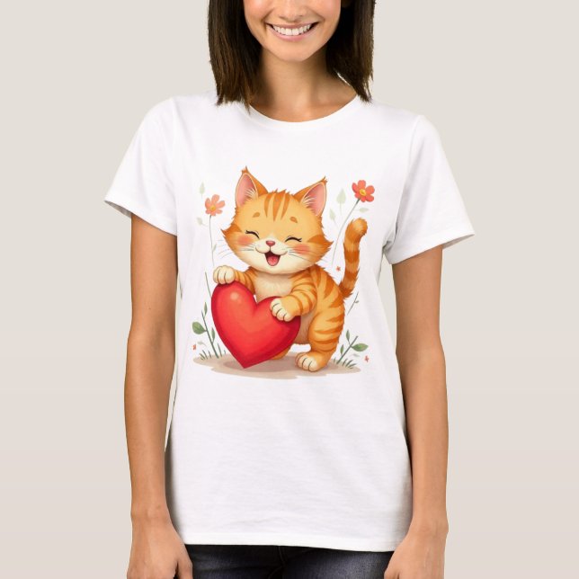 Camiseta Yellow Cat Holding Red Heart Women T-Shirt (Frente)
