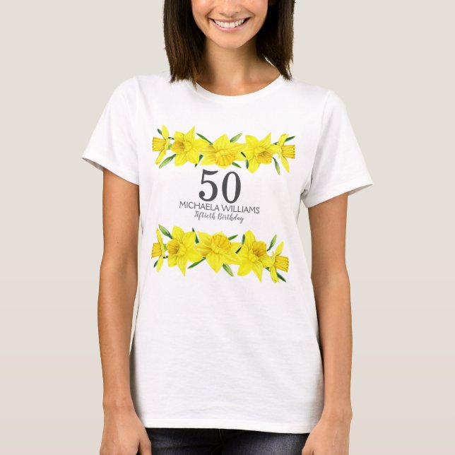 Camiseta Yellow Watercolor Daffodil 50th Festa de aniversár (Frente)