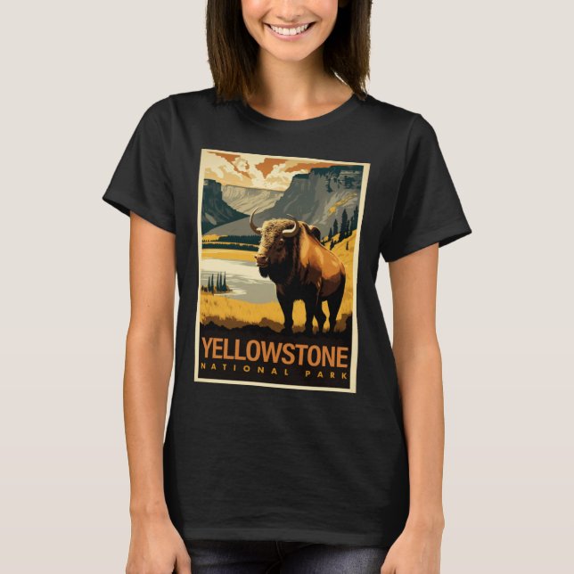 Camiseta Yellowstone National Park Bison Poster vintage (Frente)