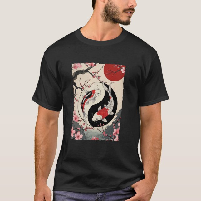Camiseta Yin And Yang Japanese Koi Carp Fish Cherry Blossom (Frente)