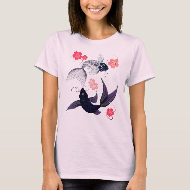 Camiseta Yin e Yang Koi e t-shirt das flores de cerejeira (Frente)