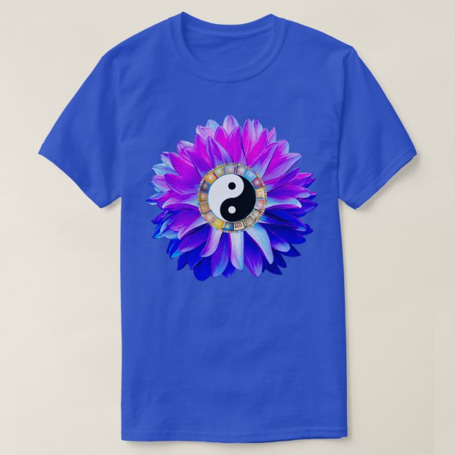 Camiseta Yin Yang Blue Dahlia Flower  (Frente do Design)