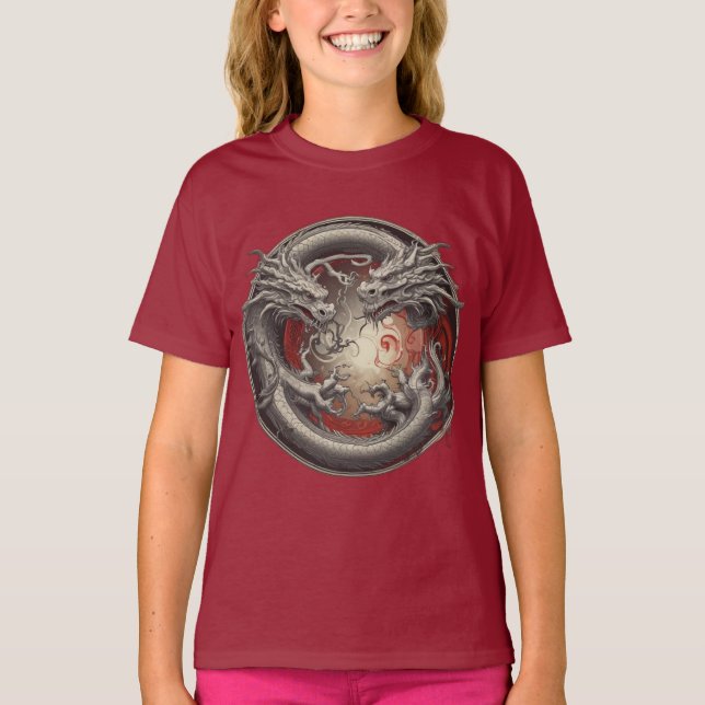 Camiseta Yin Yang Dragon - Equilíbrio de poder e espírito (Frente)