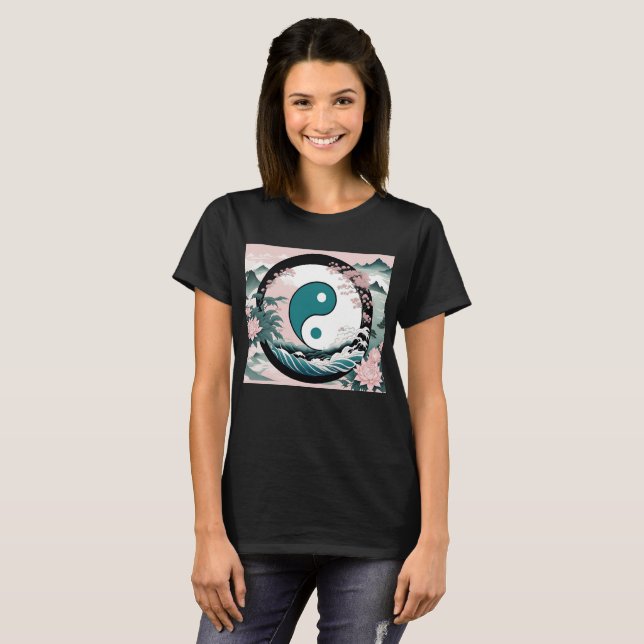 Camiseta Yin Yang, Floral Mountain Pink Sage Teal (Frente Completa)