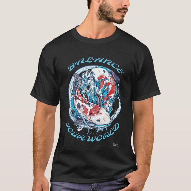Camiseta Yin Yang Koi Fish Equilibra Seu Mundo Negro (Frente)