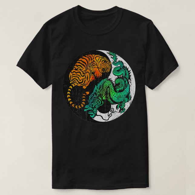 Camiseta Yin Yang Tiger Dragon Estilo de Tatuagem Retroativ (Frente do Design)
