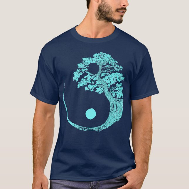 Camiseta Yin Yang Turquoise Blue Bonsai Tree Japonês Zen (Frente)