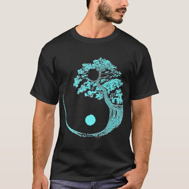 Camiseta Yin Yang Turquoise Blue Bonsai Tree Japonês Zen (Frente)