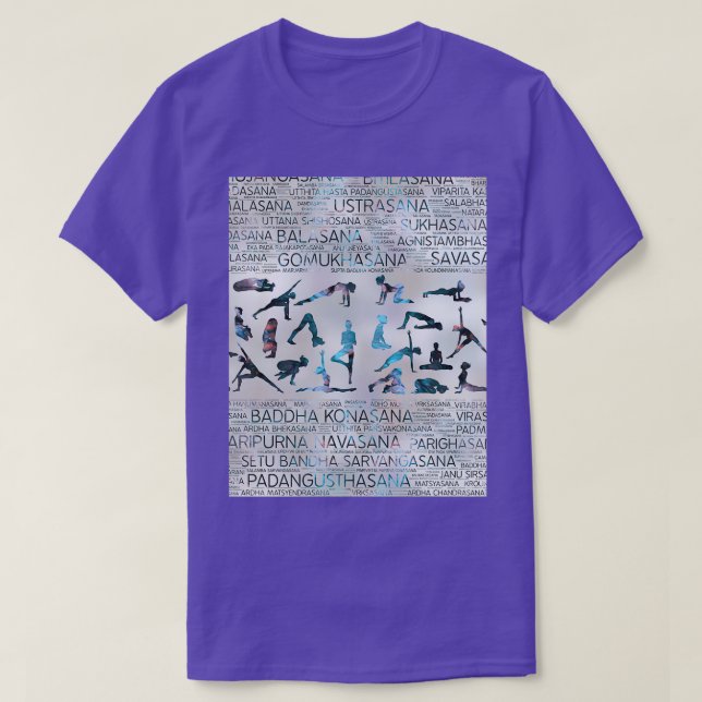 Camiseta Yoga Asanas Poses Sânscrito Word Art Labradorite e (Frente do Design)