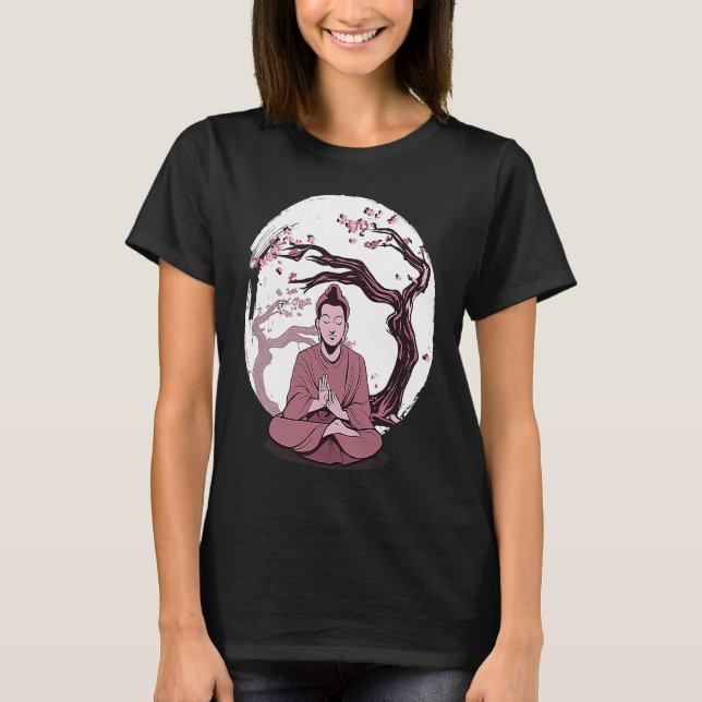 Camiseta Yoga cherry blossom tree meditate Japanese writing (Frente)
