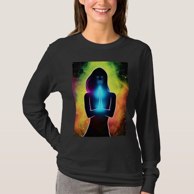 Camiseta Yoga Girl Female Sun Salutation Meditation Chakra  (Frente)
