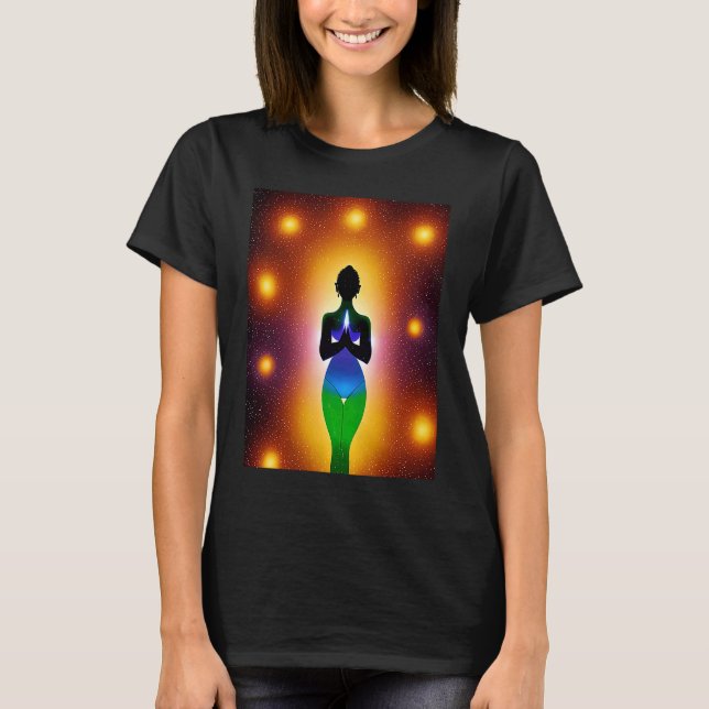Camiseta Yoga Girl Female Sun Salutation Meditation Chakra  (Frente)