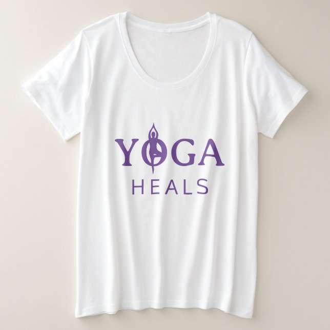 Camiseta Yoga Heals plus size com silhueta de pose (Frente do Design)