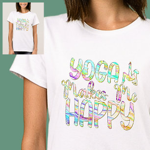 Camiseta Yoga me faz feliz pastel marmoreado em branco