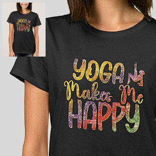Camiseta Yoga me faz feliz pastel Rainbow em preto