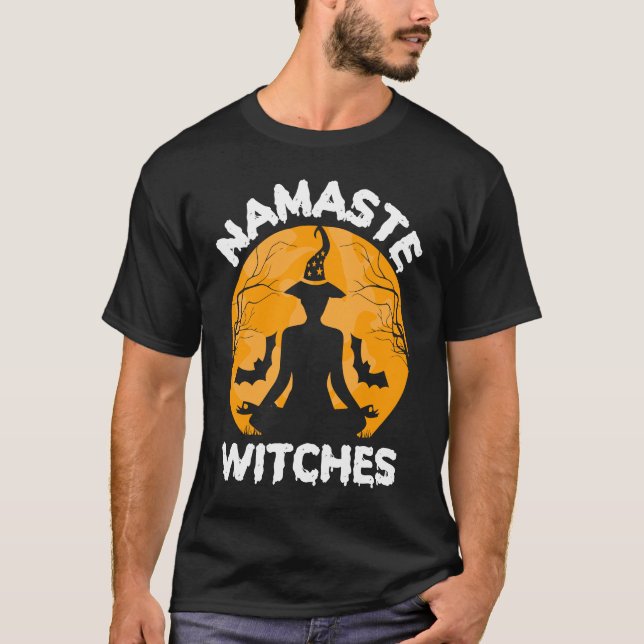 Camiseta Yoga Skeleton Namaste Bruxas Dia de as Bruxas engr (Frente)