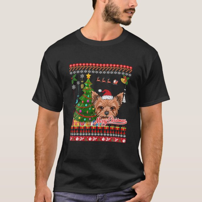 Camiseta Yorkie Árvore de Natal Ugly Sweater Xmas Pajama Sa (Frente)