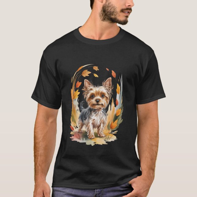 Camiseta Yorkie Autumn Leaves Cute Pet Dog Lover Men Women (Frente)
