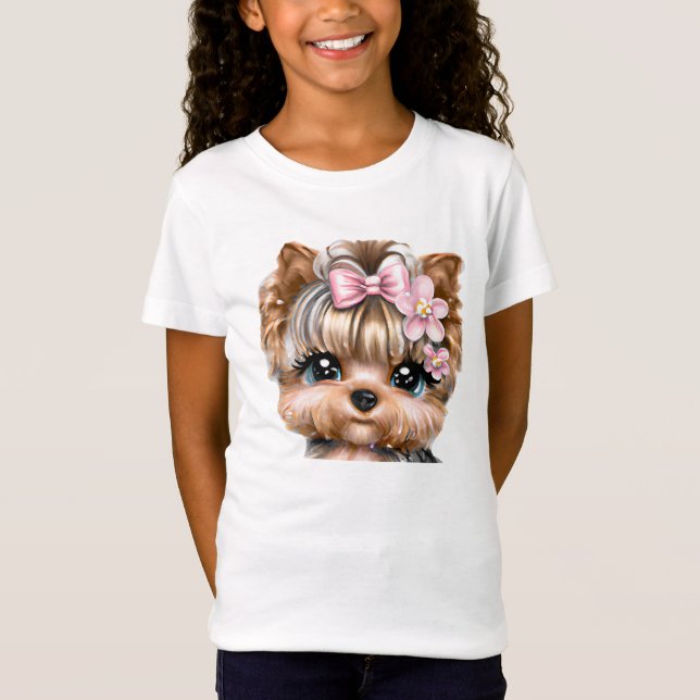 Camiseta Yorkie bonito com um Arco rosa (Frente)