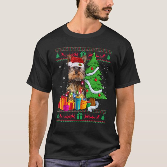 Camiseta Yorkie Christmas Sweater Yorkie Christmas Tree Lig (Frente)
