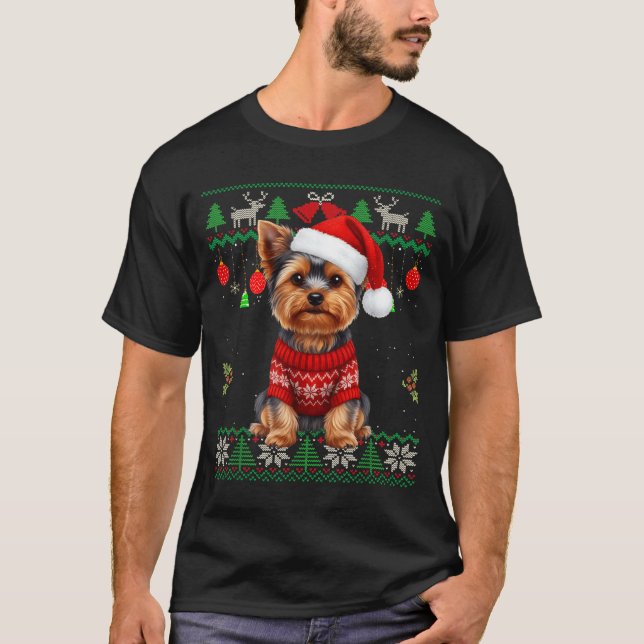Camiseta Yorkie Dog Christmas Wearing Ugly Christmas Sweate (Frente)